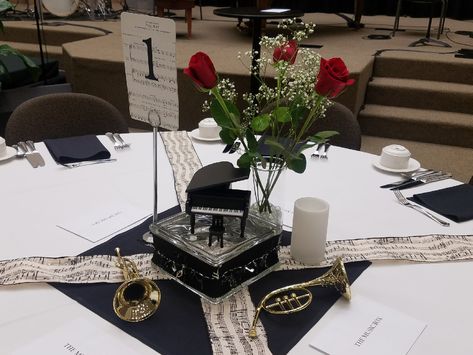 The Music Box Centerpiece, Fall 2018 - music themed with a piano music box and red roses Piano Centerpiece Ideas, Fundraiser Themes, Box Centerpiece, Dueling Pianos, Pta Ideas, Event Decorations, Themed Events, Music Themed, Centre Pieces