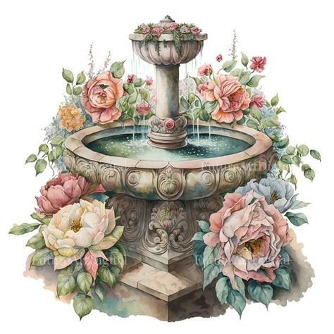 Courtyard Fountain, Pretty Scrapbook, Carton Texture, Picture For Print, Watercolor Decor, Butterfly Clip Art, Romantic Art, Colorful Drawings, Water Fountain