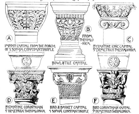 Capitals sometimes took a form derived from the Roman Ionic (C) or Corinthian types (D). Description from victorianweb.org. I searched for this on bing.com/images Byzantine Architecture Drawing, Column Types, Architecture Columns, Column Capital, Byzantine Architecture, Eastern Roman, Romanesque Architecture, Victorian Books, Roman Columns