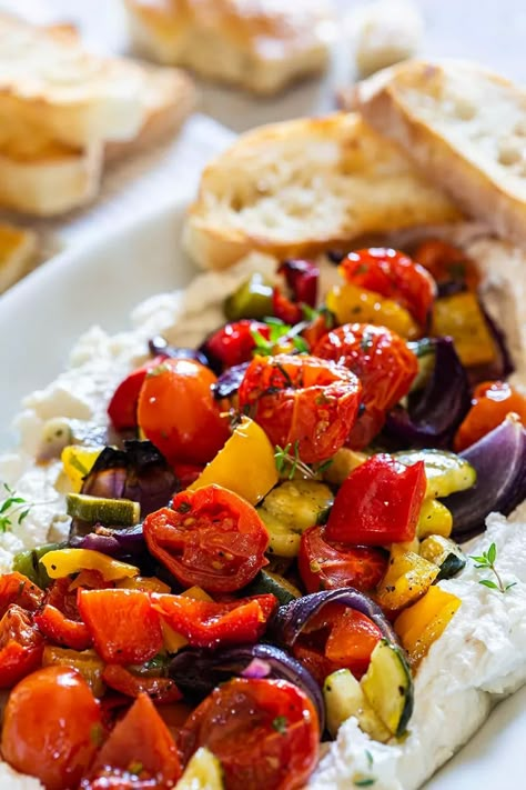 Summer Ricotta With Grilled Vegetables, Ricotta And Vegetables, Fruit And Ricotta, Roasted Vegetable Appetizer, Whipped Ricotta And Roasted Tomatoes, Dip For Roasted Veggies, Summer Sides Healthy, Roasted Veggie Appetizer, Vegetable Starters Appetizers