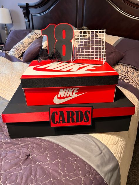 Nike Box Centerpieces, Shoe Box Centerpieces, Nike Shoe Box, Shoe Box Diy, Photo Centerpieces, 80s Party Decorations, Red Centerpieces, Sneaker Ball, Card Box Holder