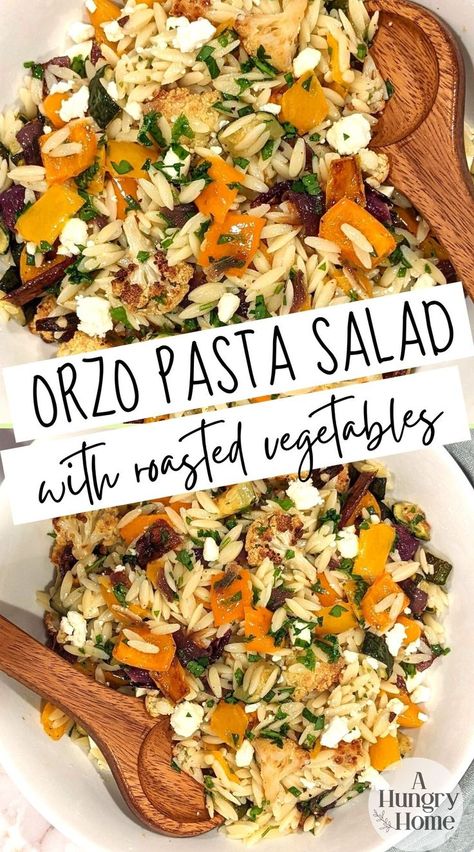 This orzo pasta recipe is beyond delicious! It has the best combination of veggies and dressing that make it craveable. I've never tried orzo pasta salad with roasted vegetables but I'm never going back! Mediterranean Recipes Breakfast, Orzo Recipes Side, Orzo Pasta Recipe, Pasta Salad With Feta, Orzo Pasta Salad Recipe, Orzo Pasta Recipes, Mediterranean Chicken Recipes, Easy Pasta Dinner Recipes, Mediterranean Recipes Healthy