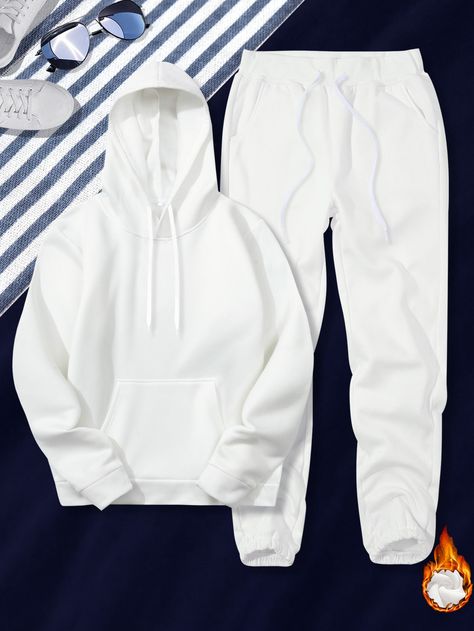 White Casual  Long Sleeve Polyester Plain  Embellished Slight Stretch Fall/Winter Men Co-ords White Tracksuit Outfit, White Tracksuit, White Sweatpants, Tracksuit Outfit, Hype Clothing, Plain Hoodies, Men Tracksuit, Pajama Fashion, Thermal Hoodie