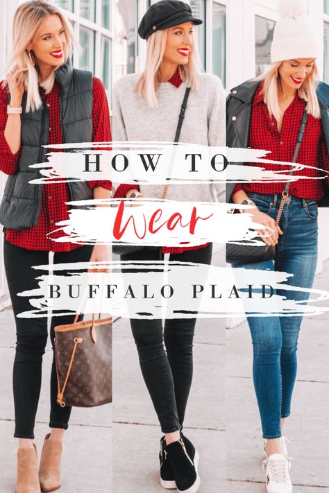 How to Wear Buffalo Plaid - 1 Top 3 Ways - Straight A Style, buffalo plaid top, flannel, puffer vest, skinny jeans, casual fall outfit, how to tips, cute fall outfits Fall Plaid Shirt Outfit, Buffalo Plaid Outfit Women, Red Buffalo Plaid Outfit Women, Buffalo Plaid Vest Outfit, Buffalo Check Vest Outfit, Buffalo Plaid Scarf Outfit, Buffalo Plaid Shirt Outfit, Red Buffalo Plaid Flannel Outfit Women, Fall Plaid Flannel Tops