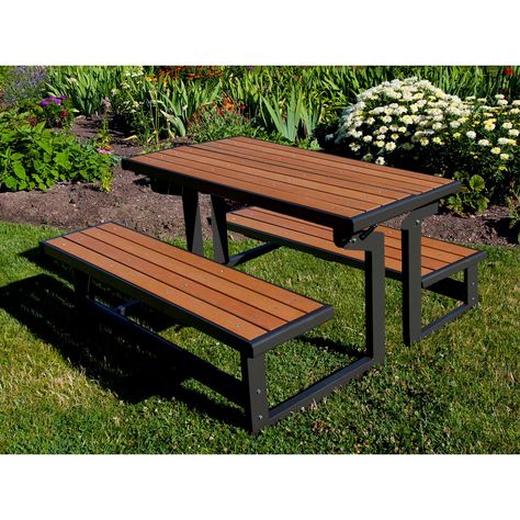 Lifetime Products Wood Grain Convertible Folding Picnic Table —table converts to two benches. Metal Picnic Tables, Convertible Table, Picnic Table Bench, Folding Picnic Table, Welded Furniture, Backyard Furniture, Picnic Bench, Patio Bench, Iron Furniture