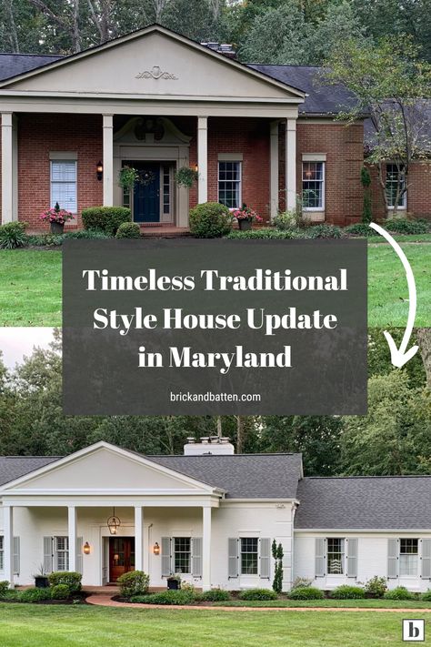 Update A Colonial Exterior, One Story Brick House Exterior, Colonial House Makeover, Traditional Southern Home Exterior, One Story Colonial House, Brick House With Columns, Colonial House Porch, Southern Colonial House Exterior, Updating Traditional Home