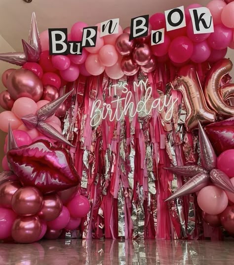 Thank You Next Birthday Party, Lipstick Party Decorations, Burn Book Party Theme, Pink Party Aesthetic Ideas, Y2k Club Birthday Party, Hot Pink Birthday Party Aesthetic, B Day Party Ideas Decoration, Burn Book Birthday Party, Girly Party Themes