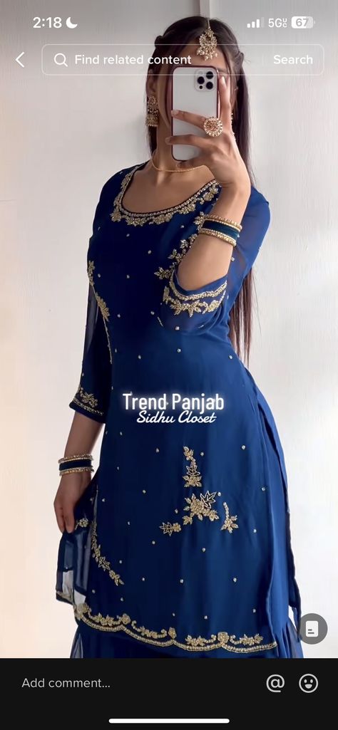 Ankarli Suit, Trending Punjabi Suit Designs, Punjabi Suits Trending, Long Sleeve Suit Indian, Wedding Suit Women Punjabi, Punjabi Lehnga Dress, Jago Outfits Punjabi Lengha, Dark Suit For Women, Blue Suit Indian