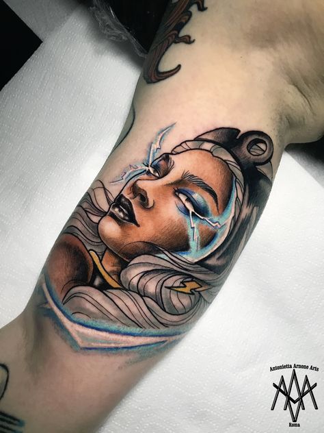 Storm Marvel Tattoo, X Men Storm Tattoo, Marvel Storm Tattoo, Xmen Storm Tattoo, Storm X Men Tattoo, X Men Tattoo Ideas, Storm Xmen Tattoo, Xmen Comic Art, X Men Tattoo