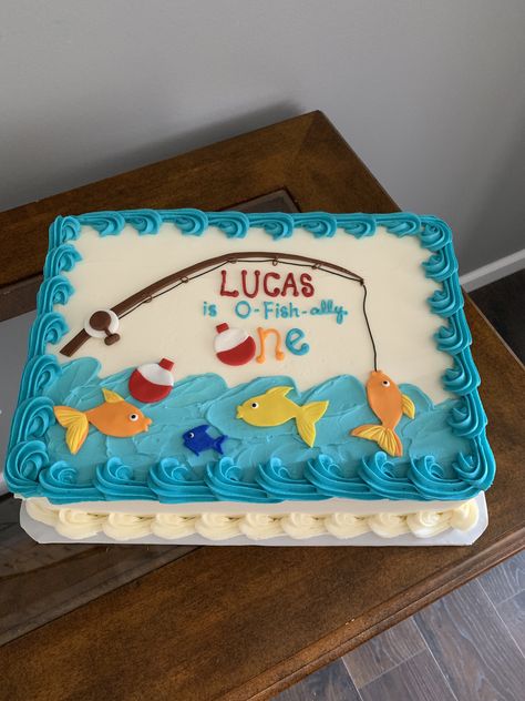 Fishing Theme Cake, Reeling In The Big One, Fish Cake Birthday, Fishing Themed Birthday Party, Fishing Birthday Party, Birthday Sheet Cakes, Boys First Birthday Party Ideas, Homemade Goodies, 2 Birthday Cake