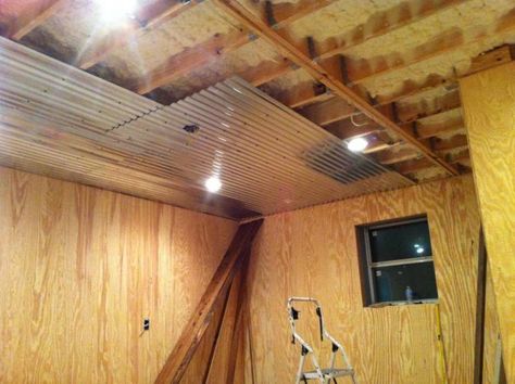 Anybody have corrugated tin on their interior ceilings? - TexasBowhunter.com Community Discussion Forums Diy Tin Ceiling Ideas, Diy Tin Ceiling, Tin Ceiling Ideas Rustic, Galvanized Tin Ceiling, Rustic Tin Ceilings, Corigated Metal, Corrugated Metal Ceiling, Barn Tin Wall, Corrugated Tin Ceiling