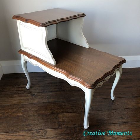 French Provincial End Tables, Blue Tile Floor, Dark Stained Wood, End Table Makeover, Parlor Table, White End Tables, Decoupage Diy, Dark Wood Stain, Decoupage Furniture