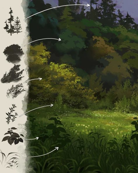 Foliage Tutorial, رسم كاريكاتير, Digital Painting Techniques, Concept Art Tutorial, Digital Painting Tutorials, Landscape Drawings, Landscape Illustration, Environment Concept Art, Painting Tutorials