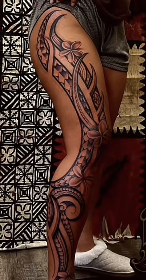 Polynesian Cat Tattoo, Samoan Tattoo Thigh, Water Tattoos For Women Waves, Samoan Leg Tattoo For Women, Poly Tattoos For Women, Polynesian Leg Tattoos Women, Mexican Trible Tattoos, Polynesian Tattoo Designs Leg, Micronesian Tattoos