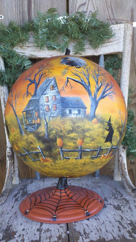 Halloween globe, I have two just lying around think I may have to find myself an artist....lol Globe Diy Projects, Halloween Globe, Globe Projects, Globe Diy, Old Globe, Painted Globe, Halloween Folk Art, Globe Art, Painted Pumpkin