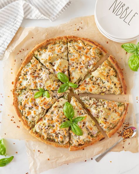 Ground Chicken Pesto Pizza with Artichoke Hearts — Strawberry Cream Kitchen Ground Chicken Pesto, Ground Chicken Pizza, Chicken Pesto Pizza, Chicken Artichoke, Heart Pizza, Whipped Goat Cheese, Pesto Cheese, Pesto Pizza, Artichoke Chicken