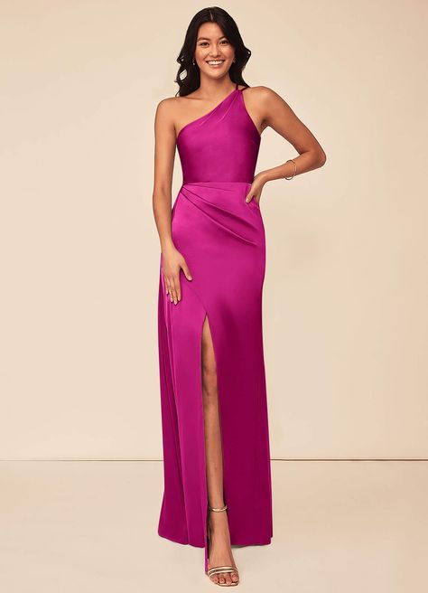 Fuchsia Azazie Maron Stretch Satin Dress Bridesmaid Dresses | Azazie Fuchsia Dress Outfit Wedding, Fuchsia Dress Outfit, Satin Dress Bridesmaid, Fuchsia Bridesmaid Dresses, Stretch Satin Dress, One Sleeve Dress, Fuchsia Dress, Shoulder Stretch, Azazie Bridesmaid Dresses