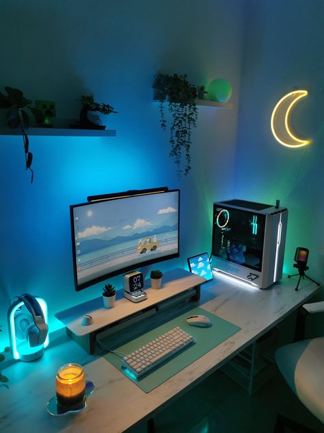 white gaming set up with blue led lights White And Blue Setup, Setup Gamer Aesthetic, Blue Gaming Setup, College Setup, Gaming Setup Bedroom, Set Up Gamer, Teal Rooms, Games Room Inspiration, Dream Setup