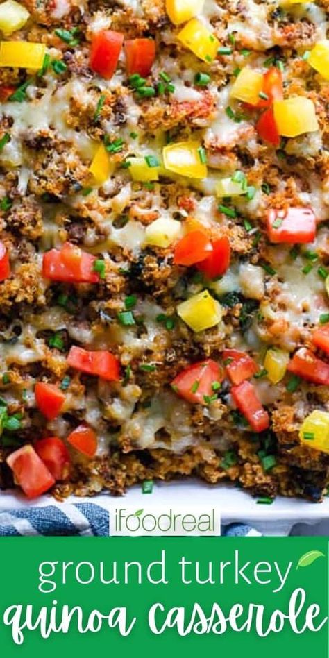 This Ground Turkey Quinoa Casserole is a budget friendly crowd pleaser. Perfect for using up leftover quinoa, or to freeze or make ahead. Ground Beef Quinoa Casserole, Quinoa And Ground Turkey Recipes, Ground Chicken Quinoa Recipes, Quinoa Casseroles, Sandi Griffin, Black Bean Quinoa Casserole, Salad With Ground Turkey, Artichoke Quinoa, Easy Healthy Casseroles