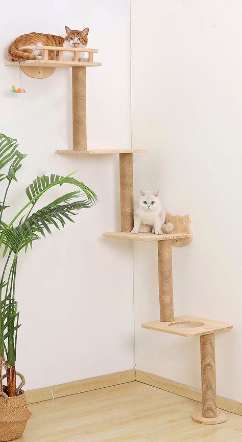 PRICES MAY VARY. 1.Unique Cat Wall Tree with Ladder Design: Our wall-mounted cat tree features a distinctive ladder-style design with four levels, providing an engaging and dynamic space for indoor cat to climb, play,lounge and explore. The fence on the top shelves ensures their safety, while the hanging cute toy encourages interactive play. 2.Great Space Saving Idea: The wall cat tree can be mounted in differnt ways, fit for flat walls or any irregular corners.The corner cat tree is an excellen Cat Tree Wall, Unique Cat Trees, Cat Climbing Tower, Cat Furniture Design, Katt Grejer, Cat Ladder, Cat Climbing Tree, Climbing Tower, Cat Patio