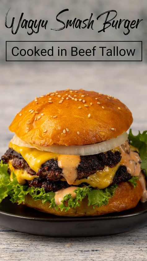 If you like a good burger, take it up a notch and grind your own meat. Try making a Wagyu smash burger cooked in beef tallow. Wagyu Burger Recipe, Tallow Recipe, Wagyu Beef Burger, Homemade Burger Recipe, Smash Burger Recipe, Wagyu Burger, How To Cook Burgers, Beef Tallow, Chef Inspiration