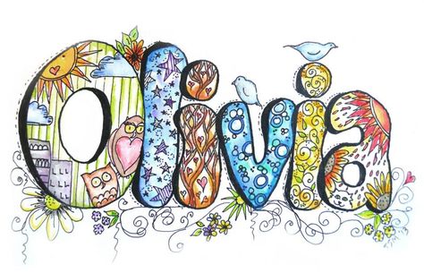 Name doodle by Teresa S. Madore  "Olivia" Drawing Ideas Letters, Drawing Names Ideas, Name Drawings Creative, Name Art Drawing, Name Drawing Ideas, Name Doodle, Doodle Art Name, Name Art Projects, Name Drawings