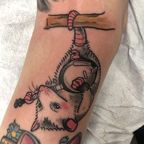 American Traditional Opossum Tattoo, Appalachia Tattoo, Possum Tattoo, Opossum Tattoo, Feminine Thigh Tattoos, Cowboy Tattoos, Traditional Style Tattoo, Thigh Tattoos, Tree Tattoo