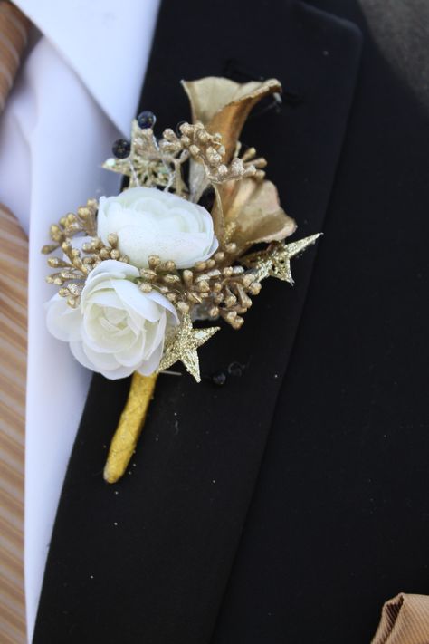 Black Gold Tuxedo, Prom Flowers Bouquet Gold Dress, Black Suit Gold Tie, Black Suit With Gold Accents, Gold And Black Prom, Gold Boutonniere, Black And Gold Prom Suit, Black And Gold Prom, Gold Tux