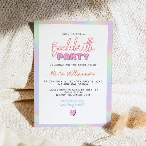 DINA Holographic Space Cowgirl Bachelorette Party Invitation Space Cowgirl Bachelorette Party, Space Cowgirl Bachelorette, Cowgirl Bachelorette Party, Cowgirl Bachelorette Parties, Bubble Font, Wedding Announcement Cards, Cowgirl Bachelorette, Bachelorette Party Invitation, Space Cowgirl