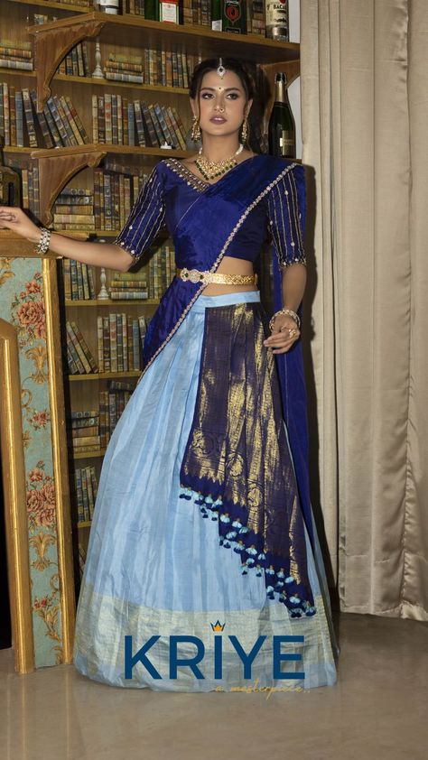 Silk Lehenga Half Saree Pallu Styles, Dark Blue Half Saree, Dark Blue Combination Dress, Dark Blue Combination Outfit, Dark Blue Saree Contrast Blouse, Dark Blue Saree Blouse Combination, Dark Blue Colour Combinations, Half Saree Lehenga Color Combinations, Function Saree