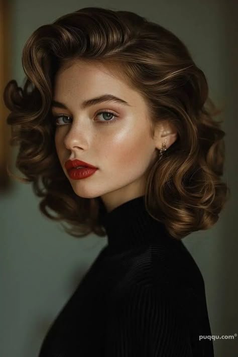 Vintage Curls On Short Hair, Blow Dry Hair Short, Short Hair Vintage Waves, Retro Waves Hairstyle, Retro Wavy Hairstyles, 60s Blowout Hair Short, Short Hair Retro Waves, Medium Wedding Hairstyles, Face Photography