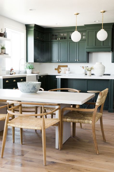 Parade Home Reveal - Pt. 1 - Studio McGee Green Kitchen Designs, Dark Green Kitchen, Green Kitchen Cabinets, Classic Kitchen, Green Cabinets, Simple Kitchen, Studio Mcgee, Kitchen Trends, Kitchen Tops