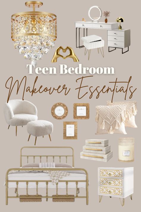 Revamp your teen's bedroom with these makeover essentials! Shop now for trendy furniture, stylish decor, and practical organizers to transform their space into a chic and functional retreat. #teenbedroom #bedroommakeover #teenstyle #homedecor #shopthelook
*As an Amazon Associate I earn from qualifying purchases at no extra cost to you. Thank you for your support! Classy Teen Bedroom, Pottery Barn Teenage Girl Bedroom, Teen Bedroom Pottery Barn Teen, Teen Girl Bedroom Mood Board, Gold Teen Bedroom, Teen Room Decor For Girls Teenagers, Gold Sheets And Bedding Teen, Pottery Barn Teen Girls Bedding, Teen Bedroom Makeover