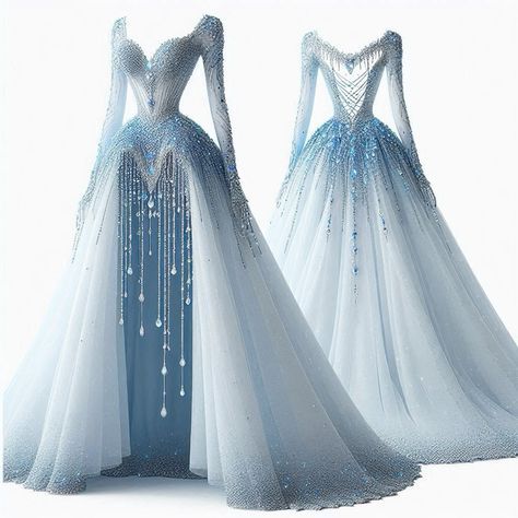 Elsa Dress Inspired, Ice Themed Dress, Winter Themed Dresses, Ice Dress Snow Queen, Blue Princess Dress Aesthetic, Winter Themed Dress, Blue Fantasy Dress, Pale Blue Wedding Dress, Elsa Inspired Dress