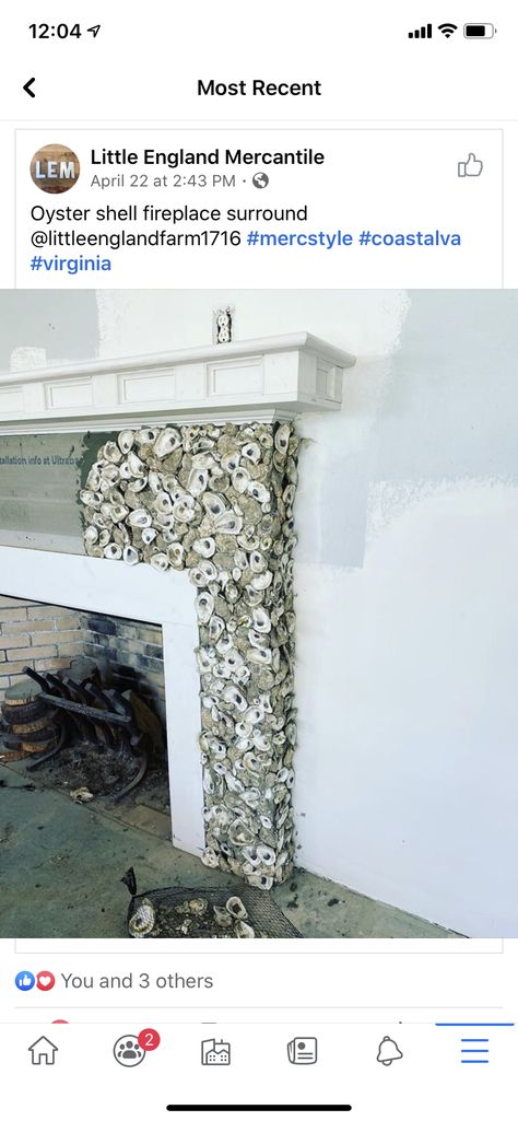 Oyster Fireplace Surround, Oyster Shell Fireplace, Oyster Fireplace, Oyster Shell Fireplace Surround, Shell Fireplace Surround, Mod Lodge Oyster Shells, Seashell Fireplace, Shell Mantle, Tabby Shell Fireplace