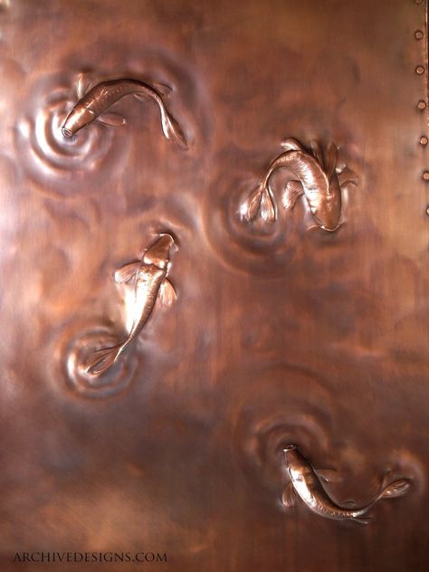 Copper Koi fish repoussé by Laurie Cox for Archive Designs.This was one side of a island kitchen hood. Metallic Sculpture, Chasing And Repousse, Metal Tooling, Relief Carving, Metal Embossing, Copper Design, Metal Forming, Metal Working Projects, Japon Illustration