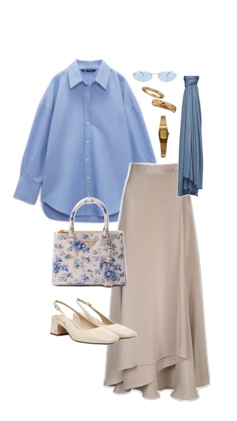 beige and blue color combinations Beige And Blue Outfit, Blue Hijab Outfit, Outfit Inspo Hijabi, Beige Skirt Outfit, Muslimah Fashion Casual, Stylish Outfits Casual, Blue Color Combinations, Colour Combinations Fashion, Street Hijab Fashion