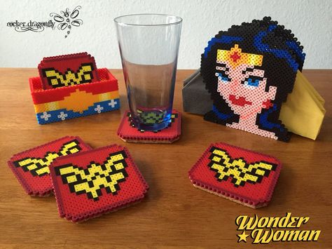 From DC Comics: Wonder Woman Coasters and Napkin Holder !!! Perler Bead Creations by: RockerDragonfly Perler Bead Coasters, Perler Coasters, Bead Coasters, Coaster Ideas, Perler Creations, Bead Creations, Pearl Beads Pattern, 3d Perler Bead, Fuse Bead Patterns