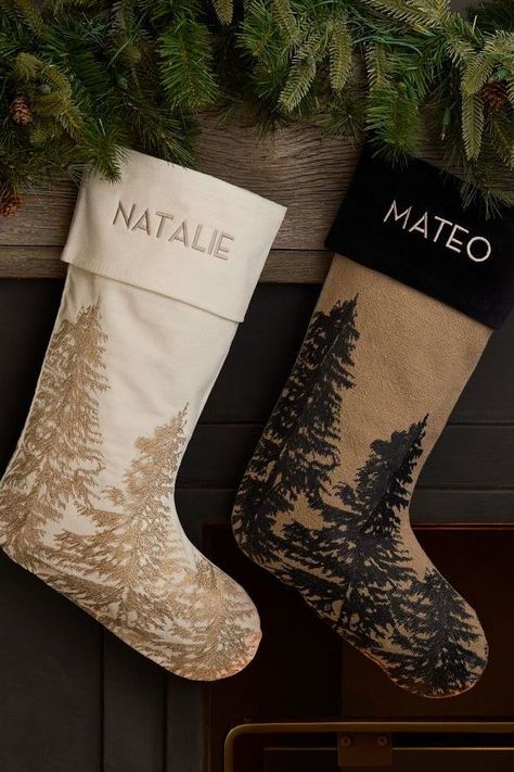 Rustic Christmas Stocking: We love these stockings because they’re embroidered with the silhouette of wintry evergreens. Richly textural and sewn in touchable linen and cotton, they come in rustic, neutral colors. Pair these beauties with our matching tree skirt to complete your hearth-side ensemble. Country Christmas Stockings Ideas, Cowhide Christmas Stocking, Hunter Christmas Stocking, Country Cottage Stocking, Personalized Tree Skirt, Linen Christmas Stocking, Rustic Christmas Stocking, Family Christmas Stockings, Pottery Barn Christmas