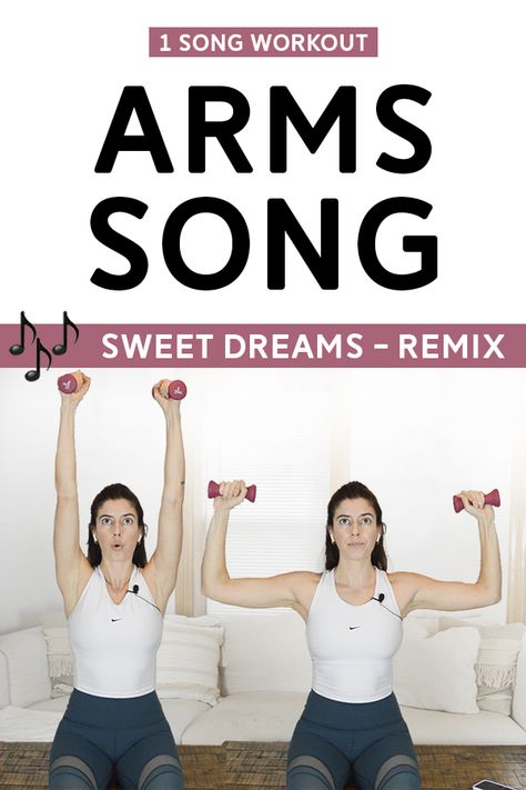 This arm song workout is to Sweet Dreams by Eurythmics. Using light hand weights, you'll move to the beat of the music, targeting shoulders and biceps. It's quick but a challenge! #armsong #armworkout #songworkout Arm Workout With Hand Weights, Song Workout Finishers, Workout Finishers Fun, One Song Workout, Exercise Music Workout Songs, Seated Arm Workout Weights, Sitting Arm Workout, Song Workout Challenge, Hand Weight Workout