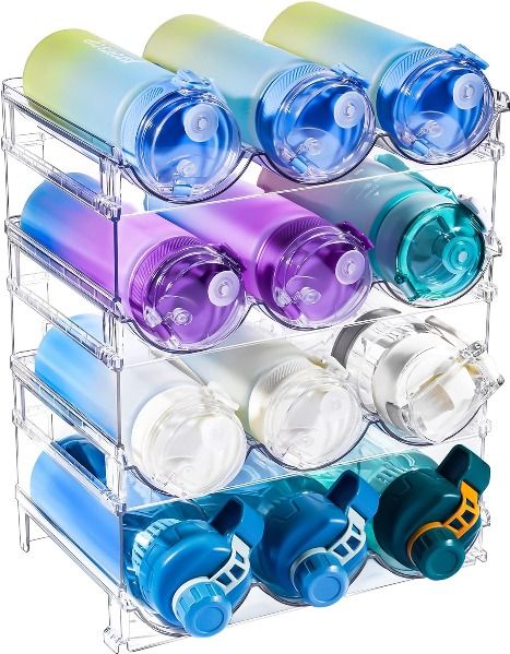 4-TierStackable Plastic Water Bottle Holder Organizing Water Bottles, Kitchen Countertop Cabinet, Drink Organizer, Organizing Aesthetic, Racks For Kitchen, Water Bottle Organizer, Organized Aesthetic, Water Bottle Organization, Shelf For Kitchen