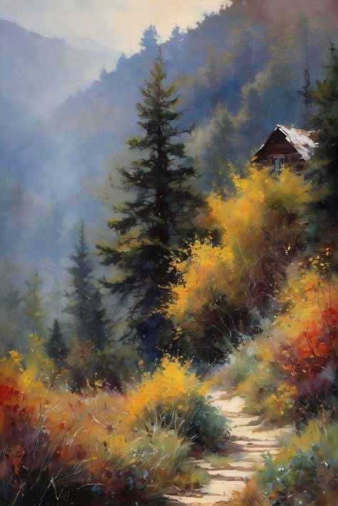 Autumn Cabin, Fall Landscape Painting, Beautiful Landscape Paintings, Watercolor Art Landscape, Oil Pastels Painting, Oil Painting Inspiration, Landscape Art Painting, Sunflower Art, Autumn Painting