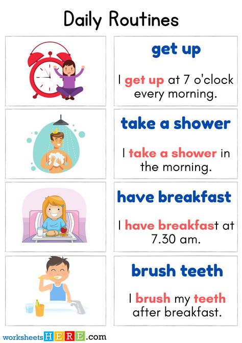 Daily Routine Examples, Daily Conversation English For Kids, Daily Routine For Kids, Daily Routine Worksheet, Daily Routine Kids, Verbs For Kids, Conversation English, Become More Organized, Daily Routine Activities