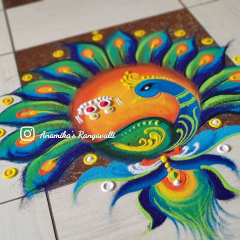 A splash of color and devotion: peacock Rangoli and Side Entrance Decoration for Maa no Satsang/Anand No Garba🔱🪔✨🦚 #ColorfulArt #SpiritualJourney #MaaDurgaBlessings #peacockpatterns #Maanosatsang Peacock Rangoli Designs, Poster Rangoli, Lotus Rangoli, Diwali Poster, Entrance Decoration, Side Entrance, Peacock Rangoli, Rangoli Designs Photos, Rajasthani Art