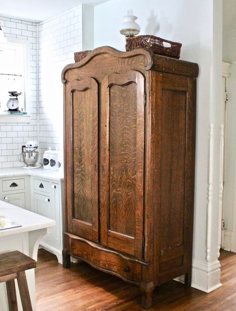 Seven Things I Love About Our Kitchen – The Catholic Table Armoire Pantry, Kitchen Armoire, Carrera Marble Countertops, Replacing Cabinets, Vintage Armoire, Antique Wardrobe, Built In Pantry, Antique Armoire, Antique Cupboard