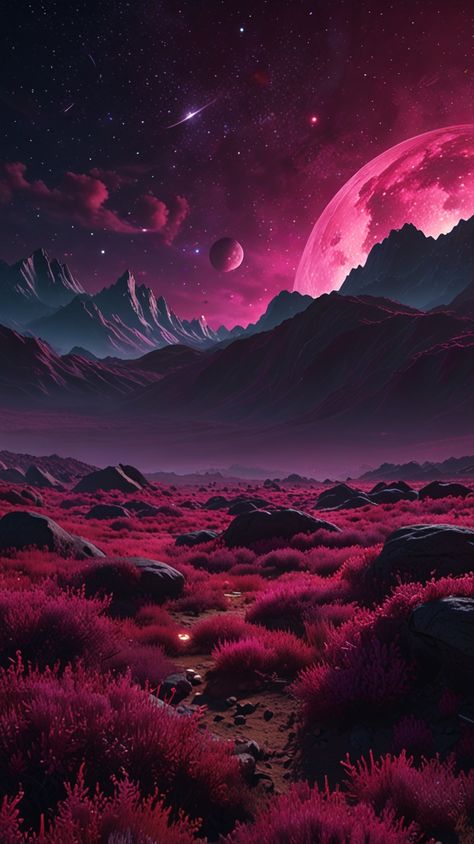 Escape into a dreamy interstellar vista where deep magenta nebulae swirl across space, glowing intensely and filling the sky with vibrant color. Neon pink and magenta stars radiate beams of light, illuminating every corner of the cosmos. Softly glowing planets blend into the surreal landscape, creating a breathtaking cosmic scene that feels alive with color and energy. #MagentaNebula #InterstellarBeauty #CosmicDreamscape #RadiantStars #SurrealSpace #GalacticWonder Cosmic Heart, Space Landscape Art, Pink Space, Cosmic Art, Interstellar, Purple Aesthetic, Neon Pink, Cosmos, Landscape Art