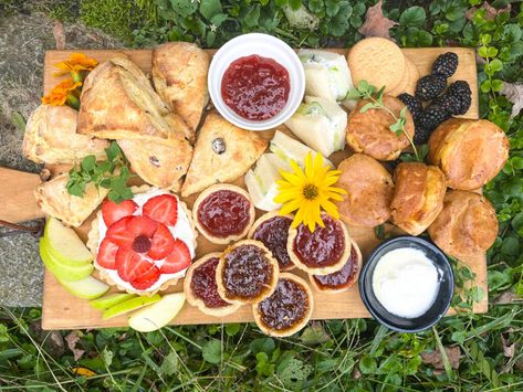 How to Create an English Tea Party Charcuterie Board - Amazing Charcuterie Boards High Tea Charcuterie Board, Tea Party Board, Tea Charcuterie Board, Tea Party Charcuterie, Tea Party Charcuterie Board, Coronation Chicken Sandwich, Watercress Sandwich, Scones And Clotted Cream, Cake Varieties