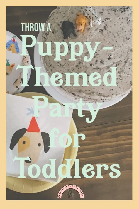 Looking for ideas to celebrate your puppy-lover little one? We threw my two-year-old this super simple but fun puppy party, including easy decorations and a homemade cookies and cream cake! This party was a hit with the kids and adults, but it's particularly toddler-friendly and realistic to throw together. Read the article for these dog-themed birthday party tips and ideas! Dog Adoption Party Ideas, Dog Themed First Birthday Party Ideas, Three Year Old Puppy Party, Dog Themed Birthday Party Cake, Puppy Party 2nd Birthday, Baby First Birthday Dog Theme, Dog Theme Birthday Party Food, Puppy Dog Themed Birthday Cake, Dog Themed Party Decorations