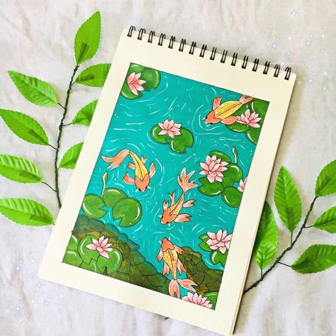 Posca Marker, Koi Fish Pond, Posca Art, Doodle Art Drawing, Beautiful Art Paintings, Cute Canvas Paintings, Gouache Art, Painting Art Lesson, 수채화 그림