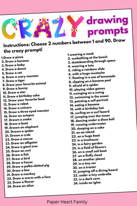 Drawing prompts for kids with a ton of ideas along with this free printable- simply choose a prompt from each list (or choose random numbers to make it even sillier). This would be a great addition to your next family game night or as a rainy day activity. Art Promts 2024, Drawing Prompts For Preschoolers, Drawing Topics Ideas, Doodle Prompts Challenges, Kindergarten Drawing Prompts, Easy Drawing Prompts, Weird Drawing Prompts, Art Prompts Ideas Drawing Challenge, Sketchbook Prompts Drawing Challenge